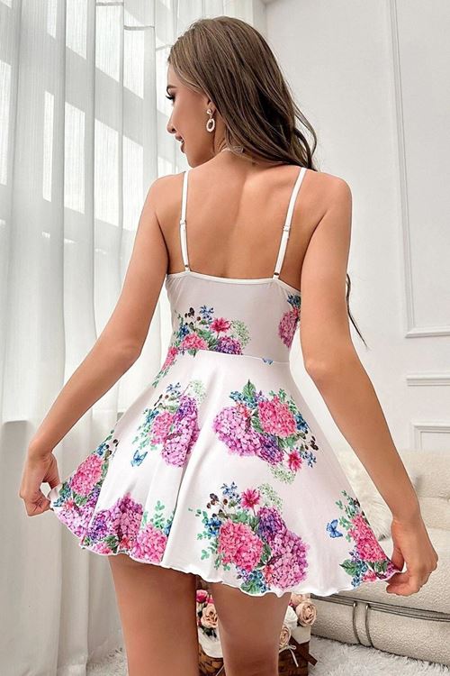 SİA Beyaz Pırıltı Çiçekli Askılı Mini Gecelik 15626