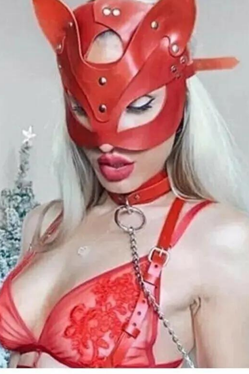 SİA Kırmızı Fantezi Maske Tasma ve Kelepçe Seti GD-6054