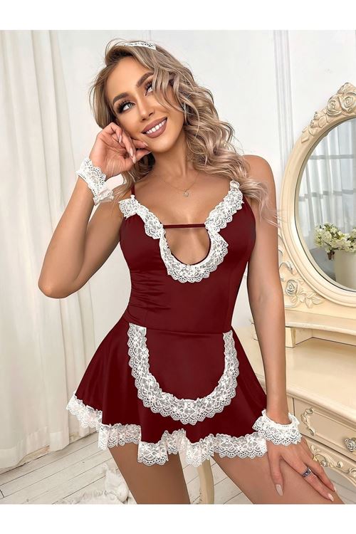 Bordo Seksi Fantezi Hizmetçi Kostümü