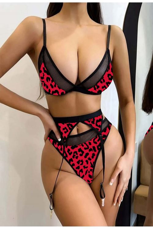 Seksi Kumaş Üzeri Dijital Baskılı Kırmızı Leopar Jartiyer Takımı
