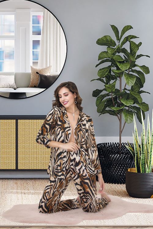 Kadın Seksi Leopar Desenli Düğmeli Alt Üst Gecelik Pijama Takımı Uzun Kollu Pijama Takım