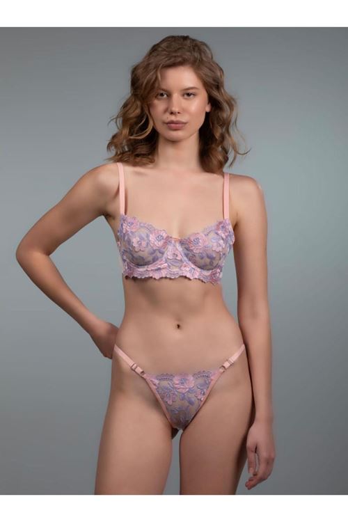 Kadın Seksi Lila Çiçek Desen Transparan Balenli Bralet Sütyen Külot Takımı Fantezi İç Çamaşır Takım