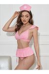 Kadın Pembe Seksi Hemşire Kostümü Fantezi Erotik Hemşire Jartiyer Kostüm +Çorap Hediyeli
