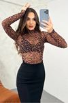 Yüksek Kalite Kadın Leopar Desenli Zarif Ve Şık Soft Dantel Çıtçıtlı Bodysuit