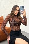 Yüksek Kalite Kadın Leopar Desenli Zarif Ve Şık Soft Dantel Çıtçıtlı Bodysuit