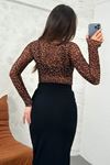 Yüksek Kalite Kadın Leopar Desenli Zarif Ve Şık Soft Dantel Çıtçıtlı Bodysuit